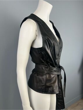 Vintage Danier Made in Canada Sleeveless Black Leather Belted Vest - Women